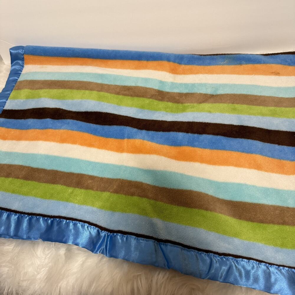 Baby Boom Striped Plush Baby Blanket Blue Satin Trim Brown Tan Lovey 30”x40” Vtg